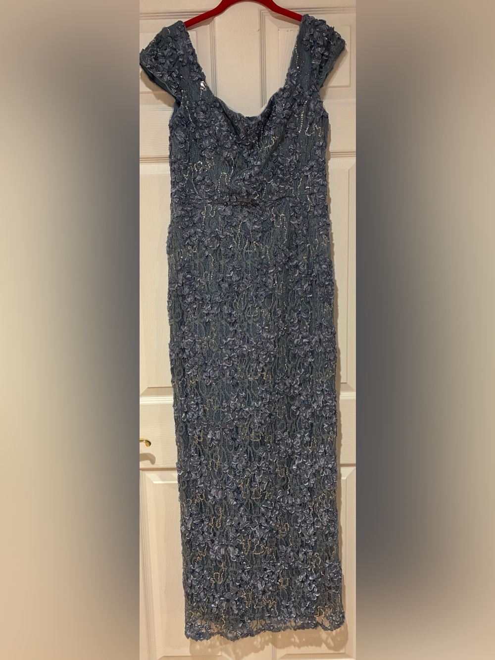 Oleg Cassini Dusty Blue Lace Beaded Maxi Gown - Picture 4 of 10